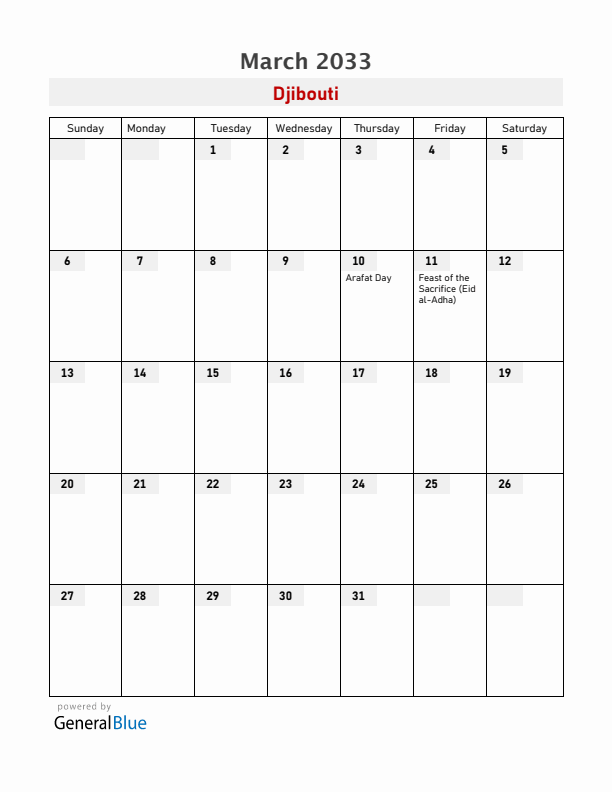 Djibouti March 2033 Calendar with Holidays