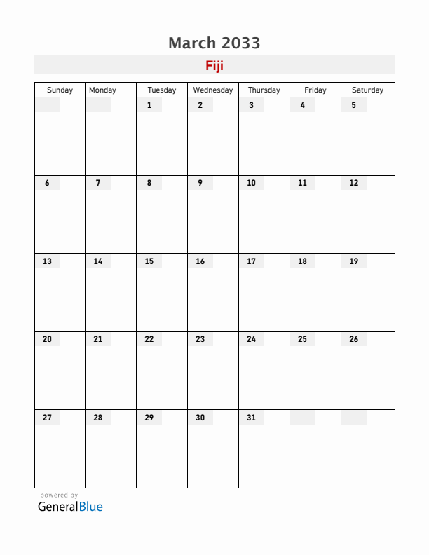 Fiji March 2033 Calendar with Holidays