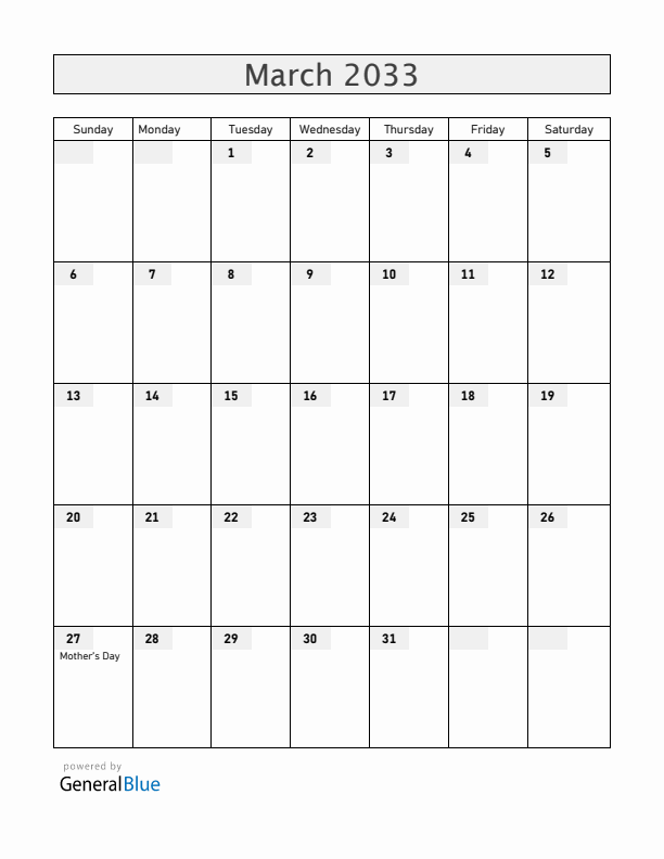 Guernsey March 2033 Calendar with Holidays