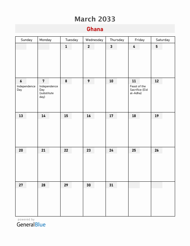 Ghana March 2033 Calendar with Holidays