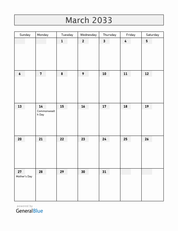 Gibraltar March 2033 Calendar with Holidays