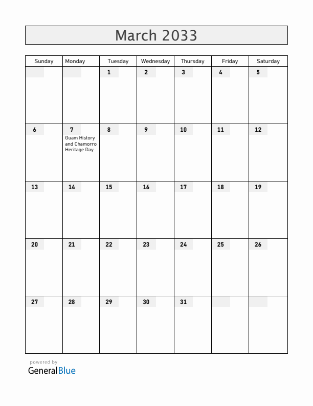 Guam March 2033 Calendar with Holidays