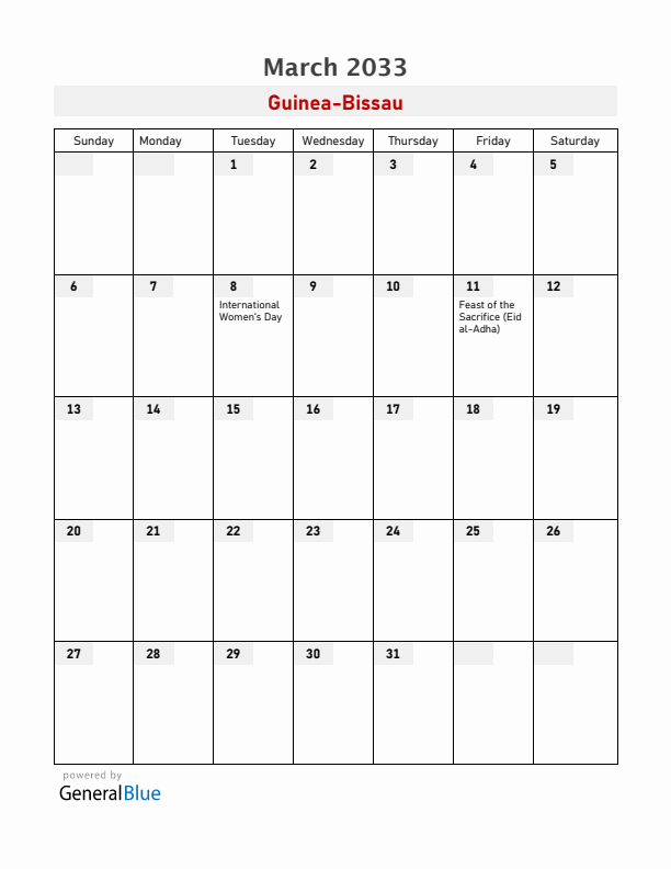 Guinea-Bissau March 2033 Calendar with Holidays