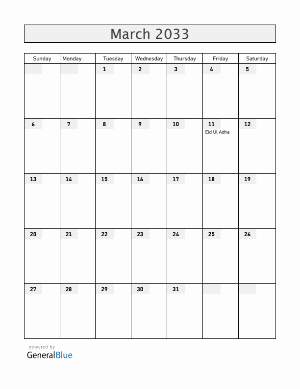 Guyana March 2033 Calendar with Holidays