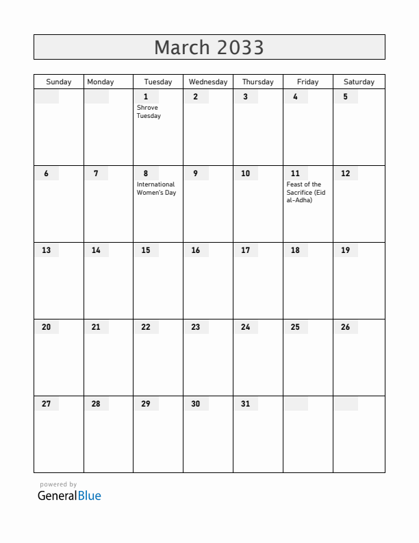 Croatia March 2033 Calendar with Holidays