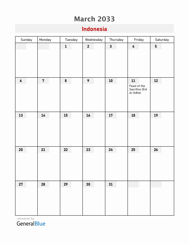 Indonesia March 2033 Calendar with Holidays