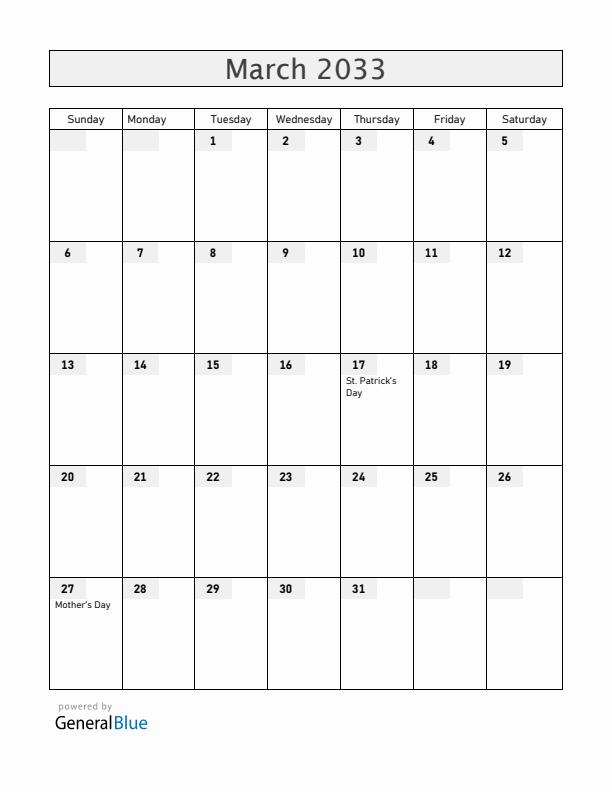 Ireland March 2033 Calendar with Holidays