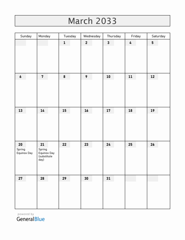 Japan March 2033 Calendar with Holidays