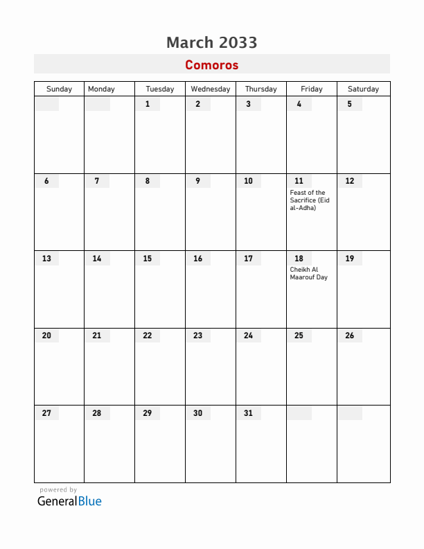 Comoros March 2033 Calendar with Holidays