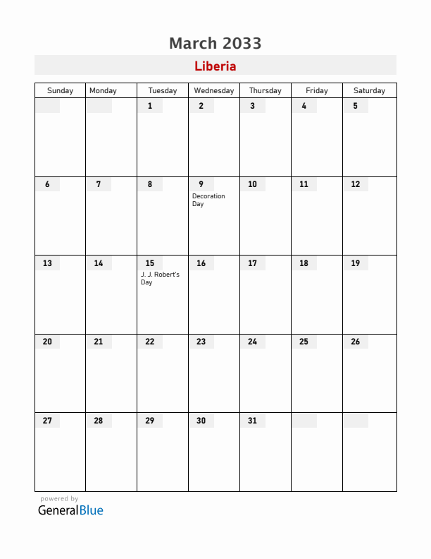 Liberia March 2033 Calendar with Holidays