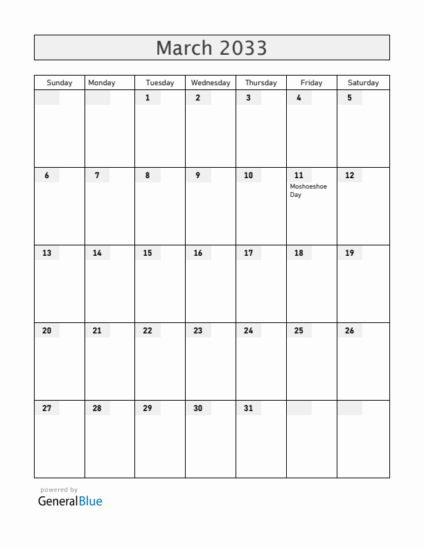 Lesotho March 2033 Calendar with Holidays