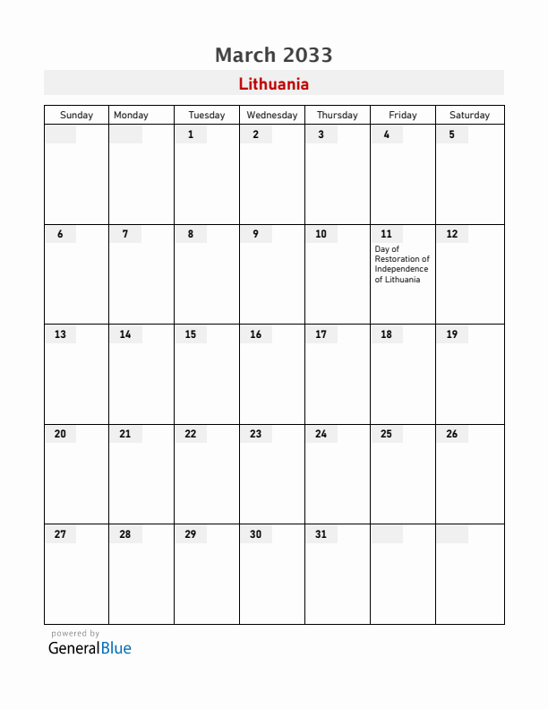 Lithuania March 2033 Calendar with Holidays