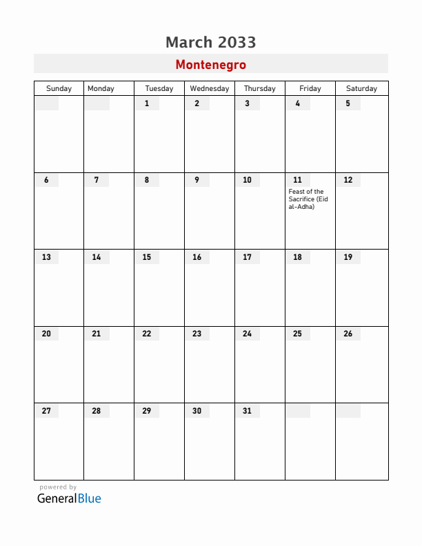 Montenegro March 2033 Calendar with Holidays