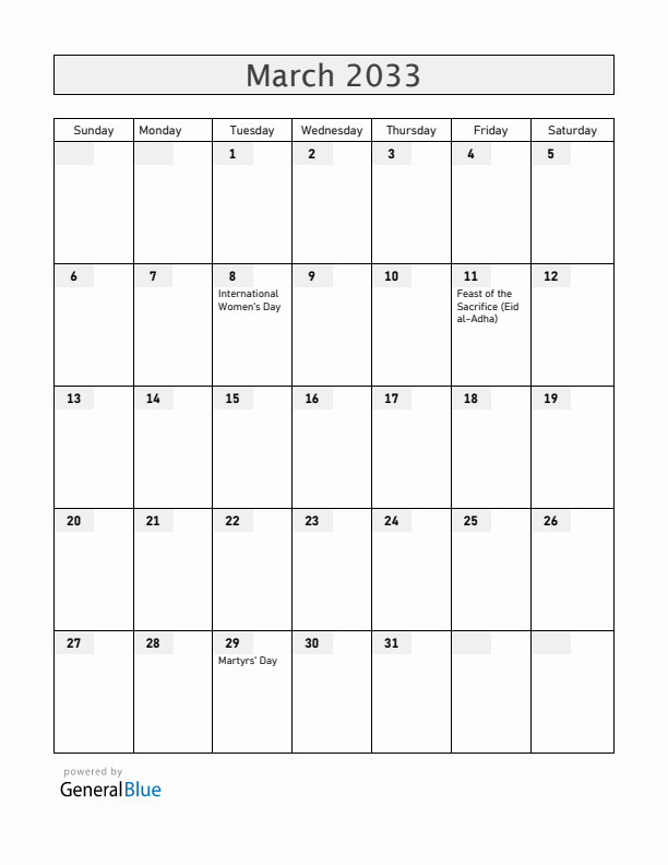 Madagascar March 2033 Calendar with Holidays