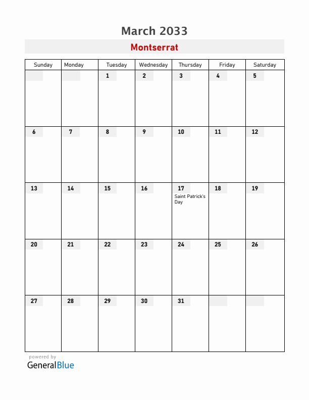 Montserrat March 2033 Calendar with Holidays