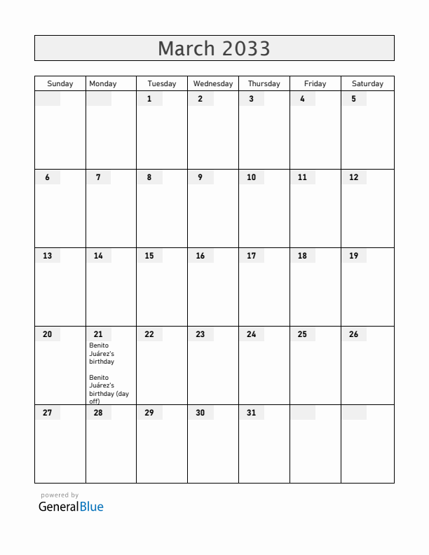 Mexico March 2033 Calendar with Holidays