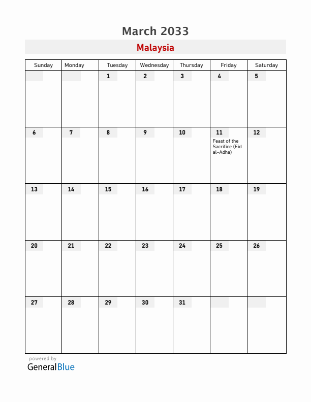Malaysia March 2033 Calendar with Holidays