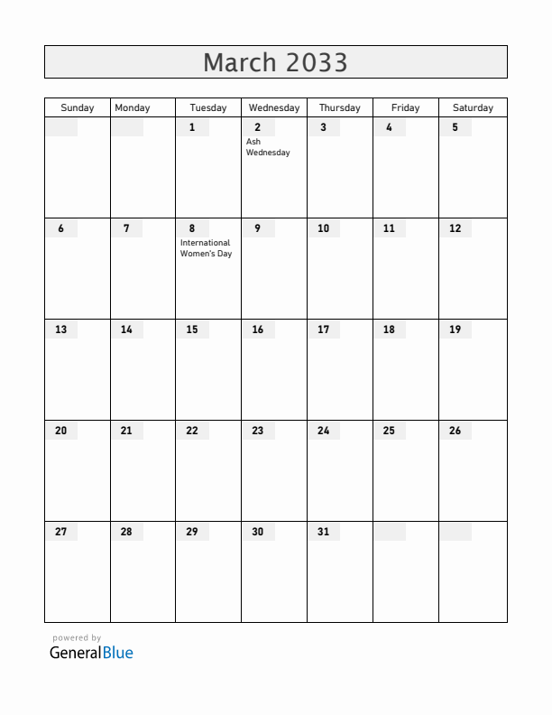Norway March 2033 Calendar with Holidays