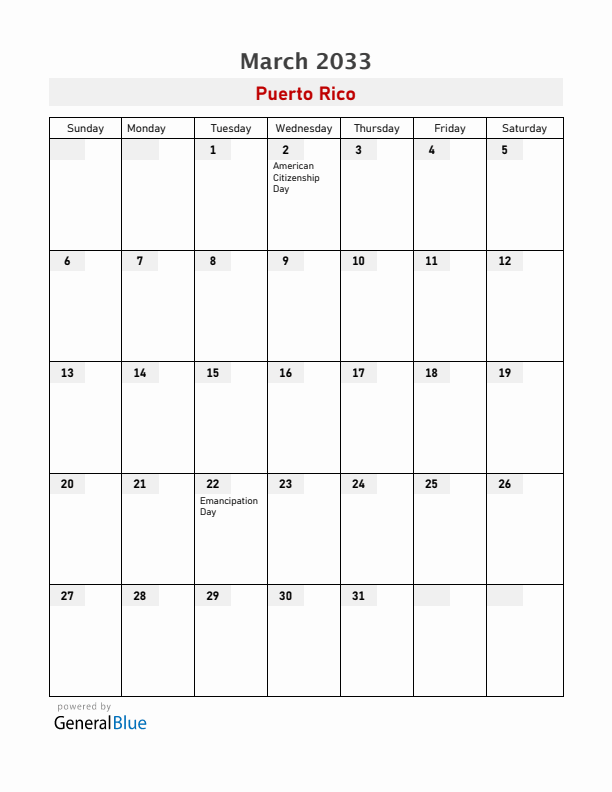 Puerto Rico March 2033 Calendar with Holidays