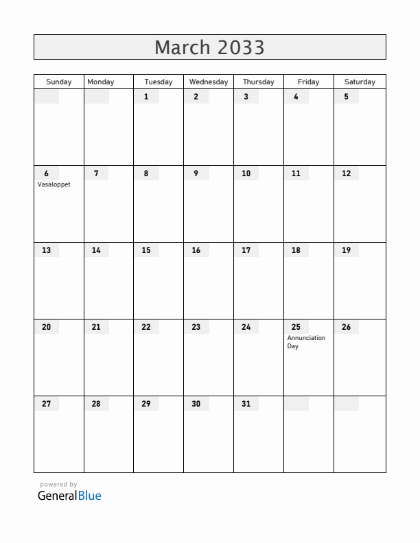 Sweden March 2033 Calendar with Holidays