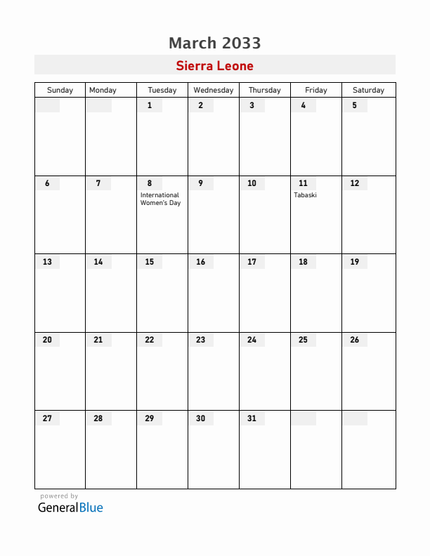 Sierra Leone March 2033 Calendar with Holidays