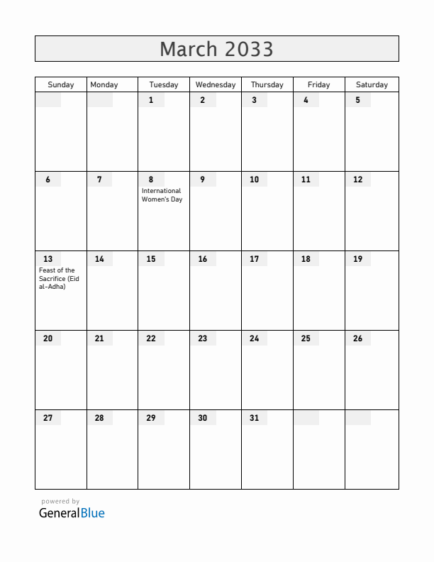 South Sudan March 2033 Calendar with Holidays