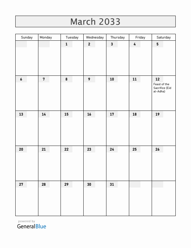 Togo March 2033 Calendar with Holidays