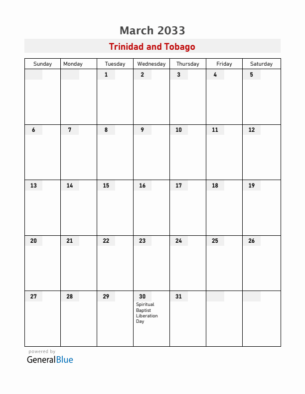 Trinidad and Tobago March 2033 Calendar with Holidays
