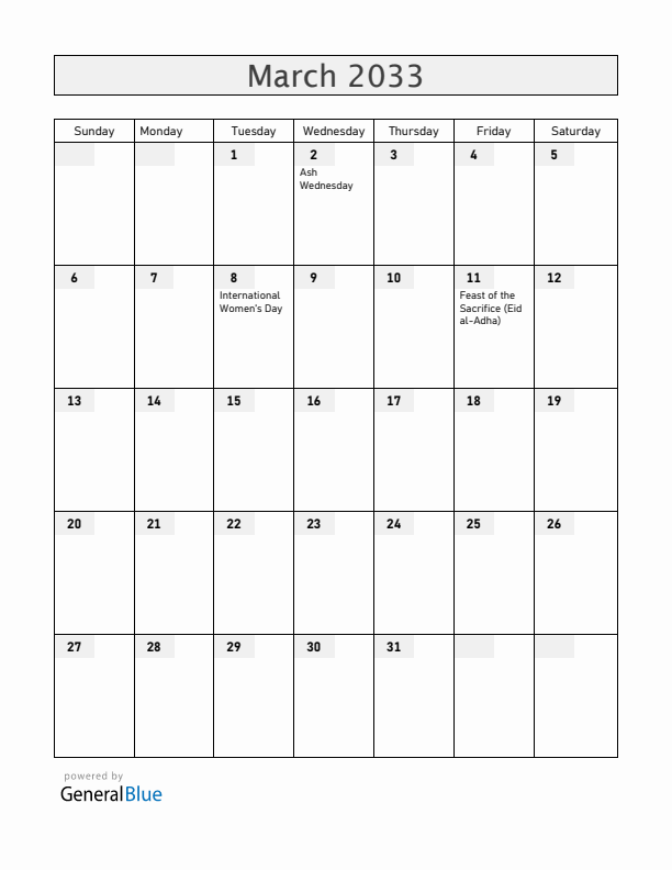 Uganda March 2033 Calendar with Holidays