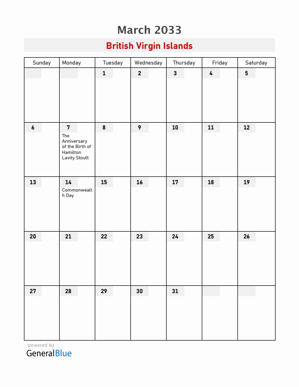 British Virgin Islands March 2033 Calendar with Holidays