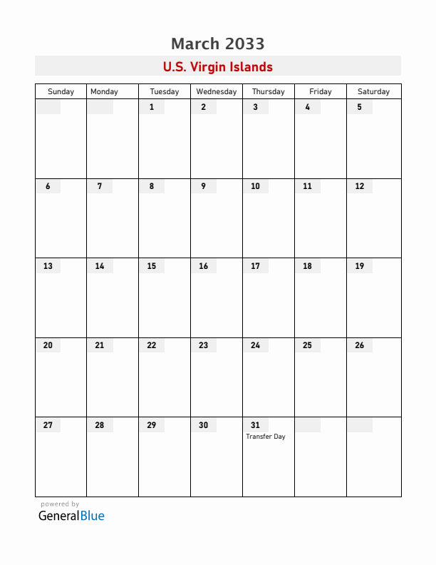 U.S. Virgin Islands March 2033 Calendar with Holidays