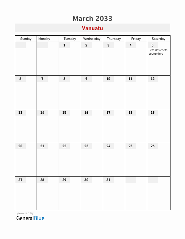 Vanuatu March 2033 Calendar with Holidays