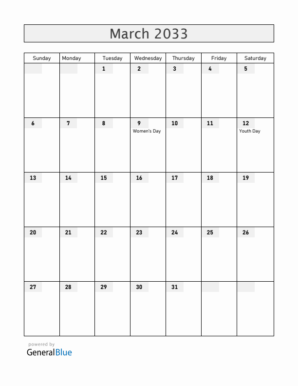 Zambia March 2033 Calendar with Holidays