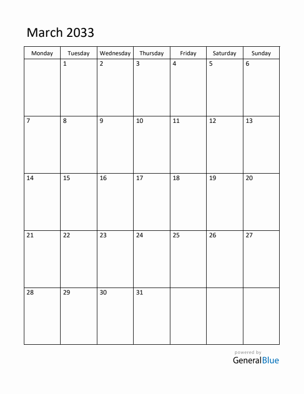 Monday Start Calendar for March 2033