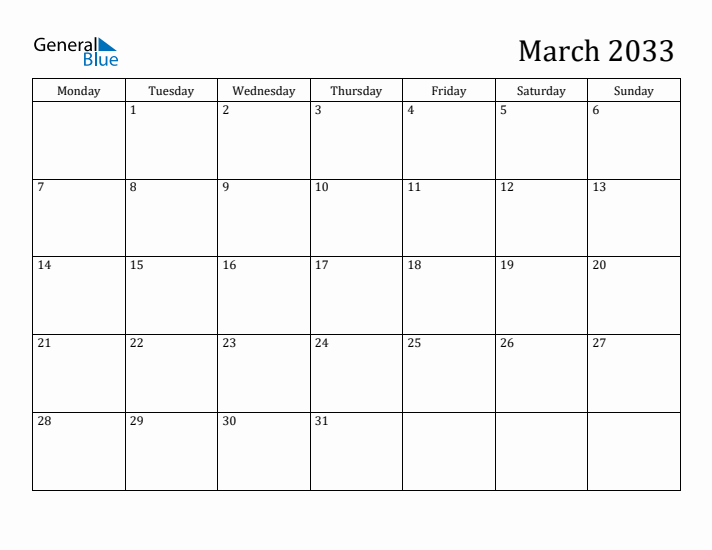 March 2033 Calendar
