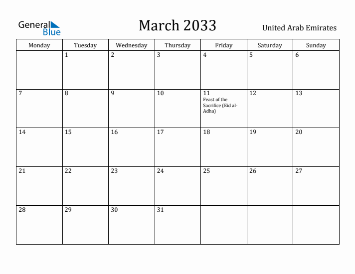 March 2033 Calendar United Arab Emirates