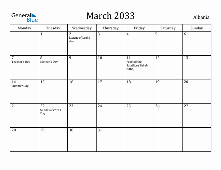 March 2033 Calendar Albania