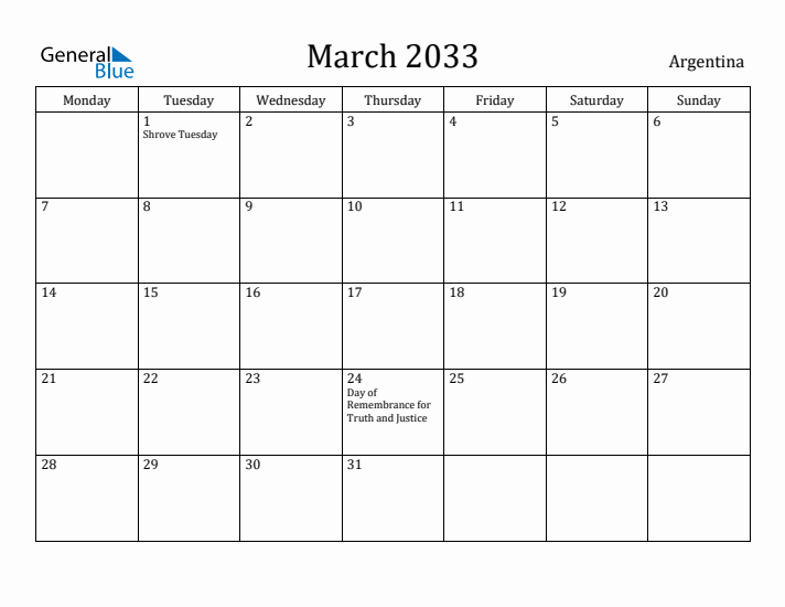 March 2033 Calendar Argentina