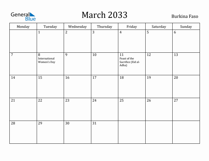 March 2033 Calendar Burkina Faso