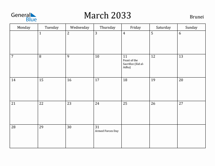 March 2033 Calendar Brunei