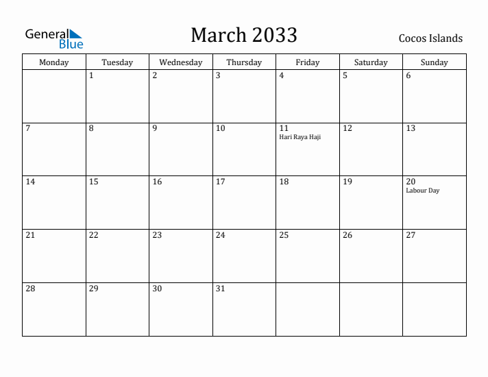 March 2033 Calendar Cocos Islands