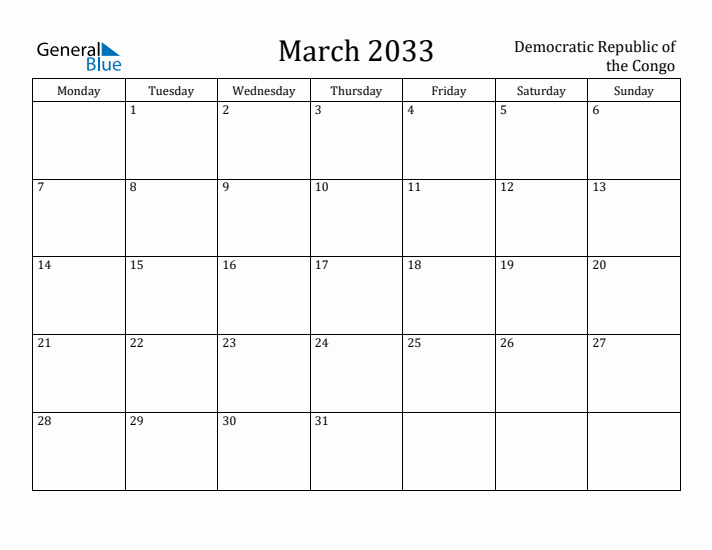 March 2033 Calendar Democratic Republic of the Congo