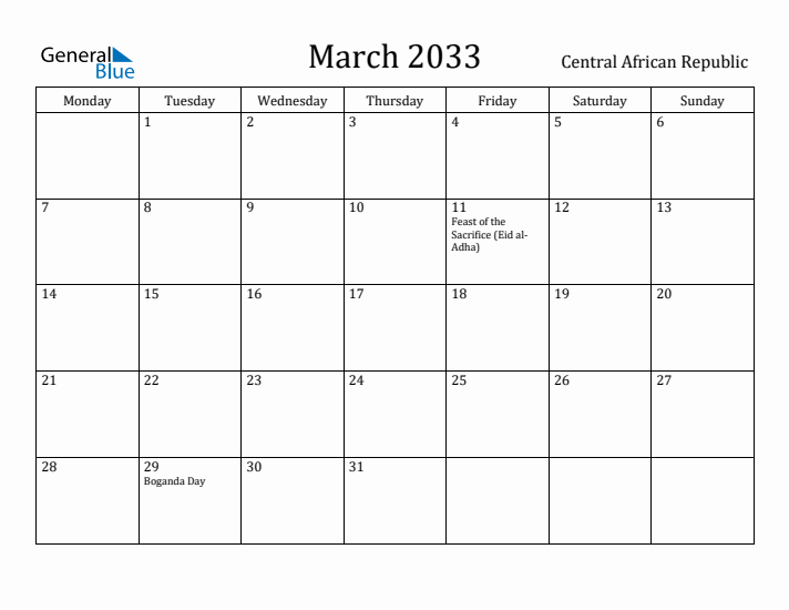 March 2033 Calendar Central African Republic