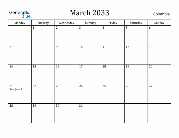 March 2033 Calendar Colombia