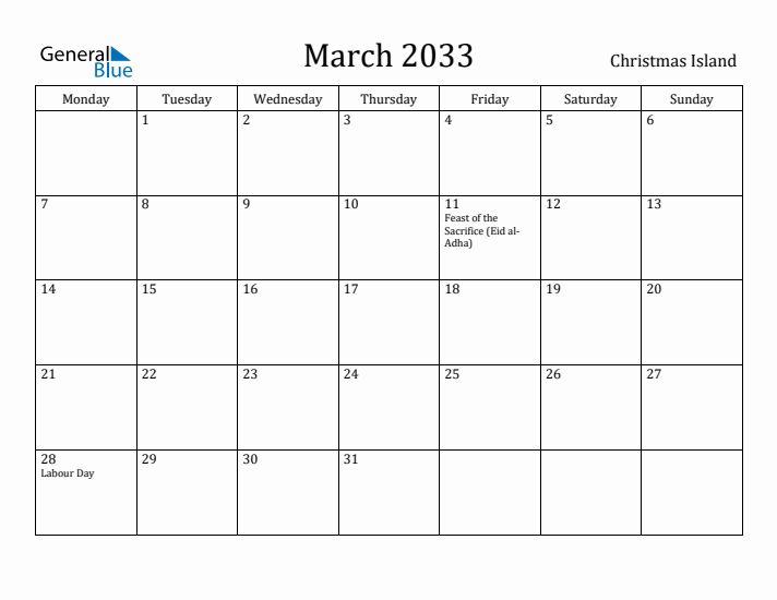 March 2033 Calendar Christmas Island