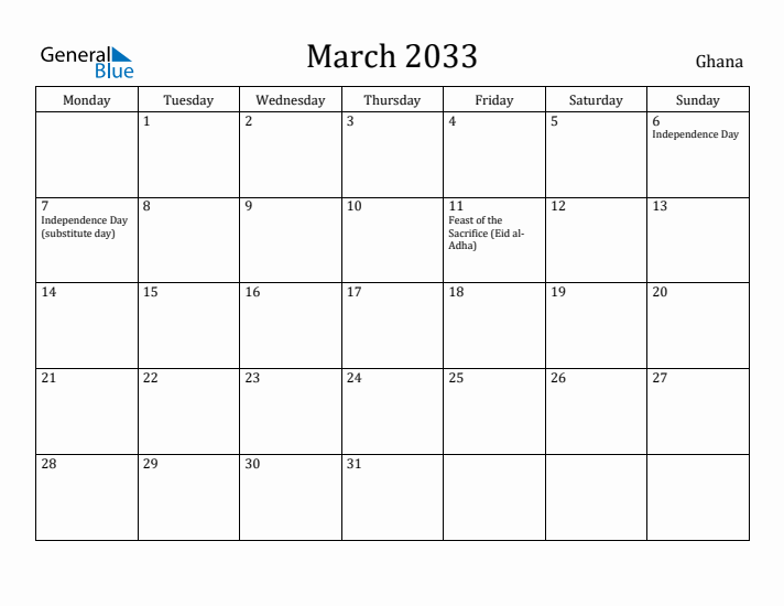 March 2033 Calendar Ghana