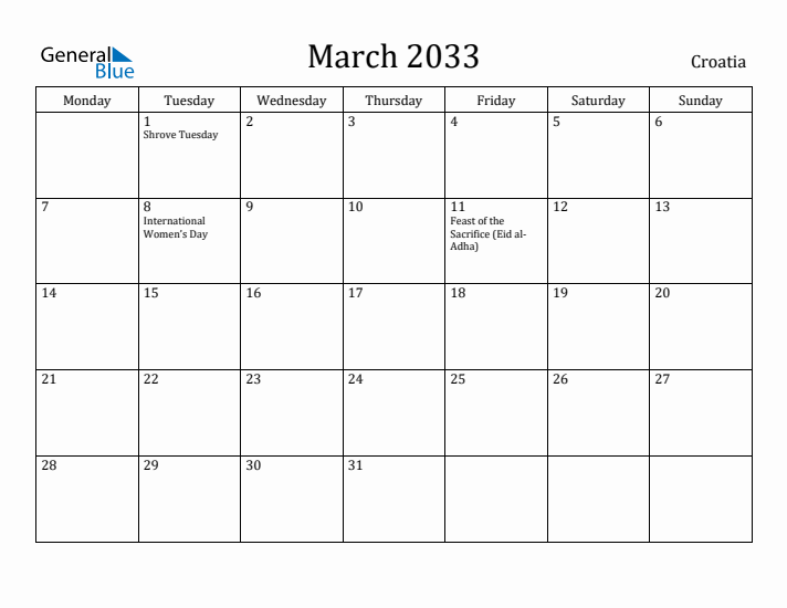 March 2033 Calendar Croatia