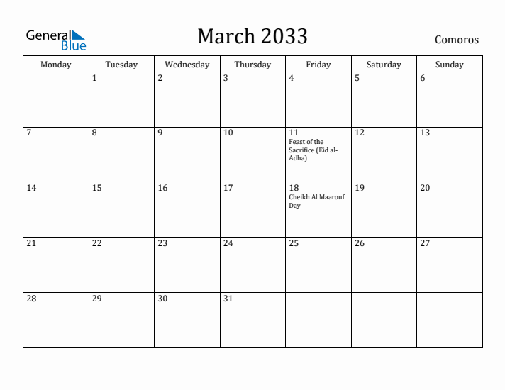 March 2033 Calendar Comoros