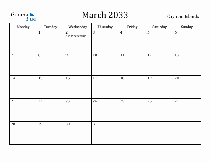 March 2033 Calendar Cayman Islands