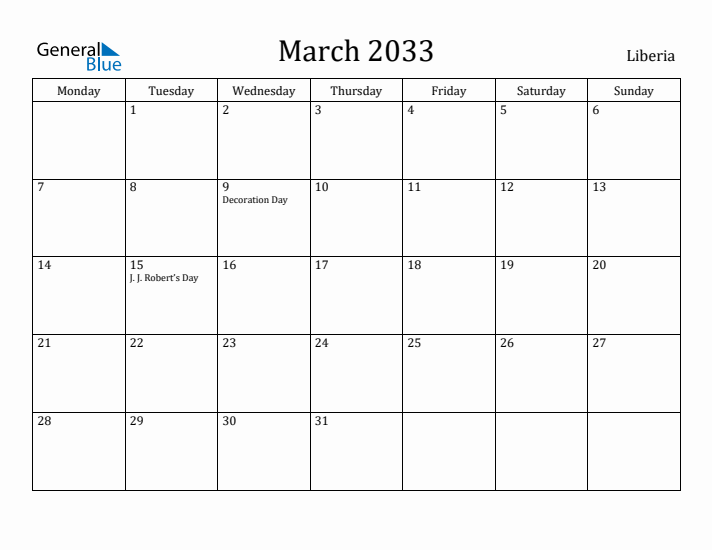March 2033 Calendar Liberia